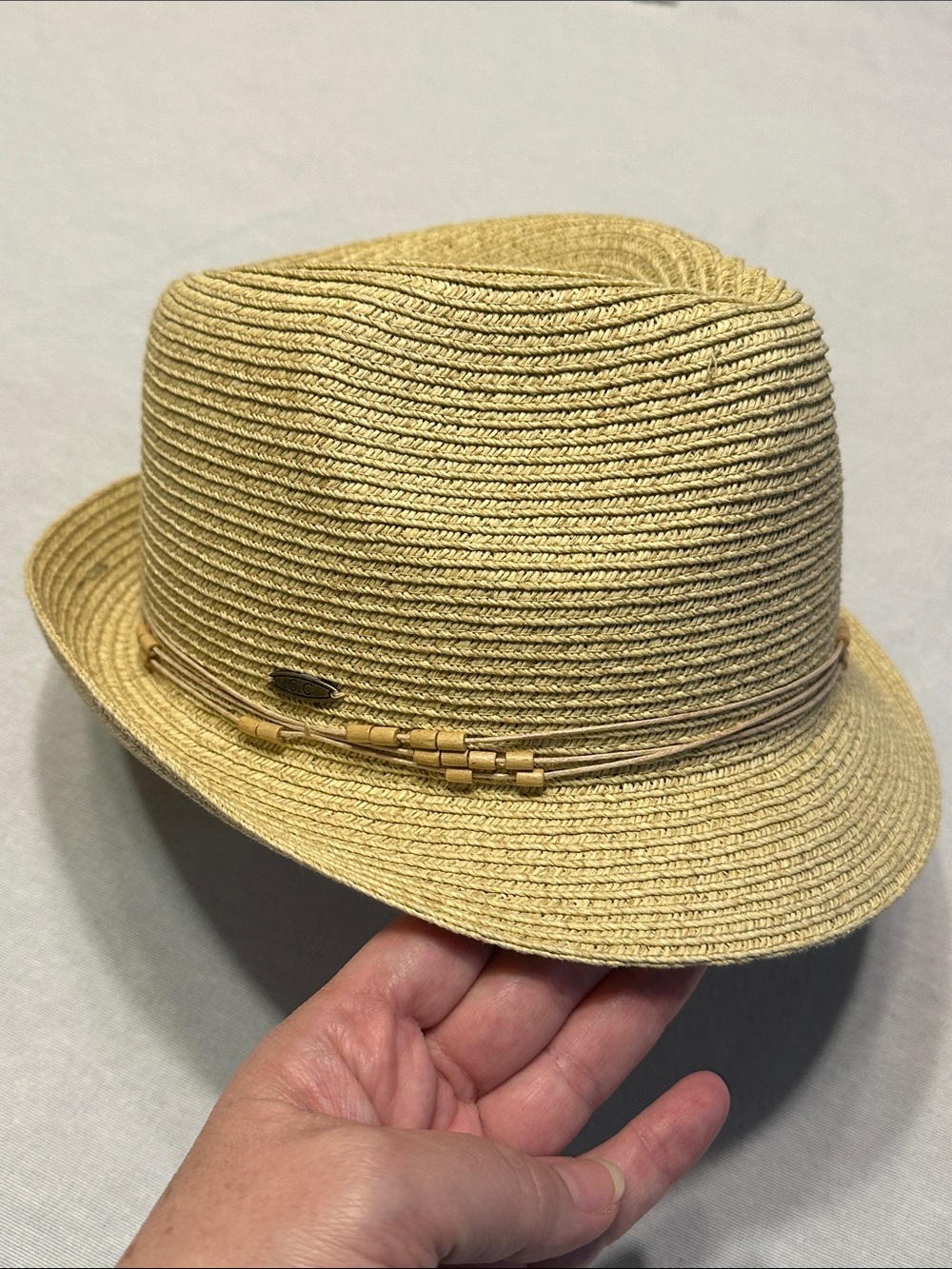 Woven Straw Fedora Hat in Beige with Bead Trim